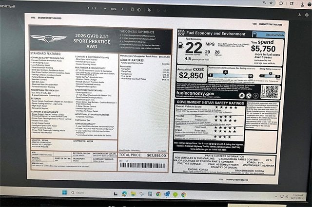 2026 Genesis GV70 2.5T Sport Prestige